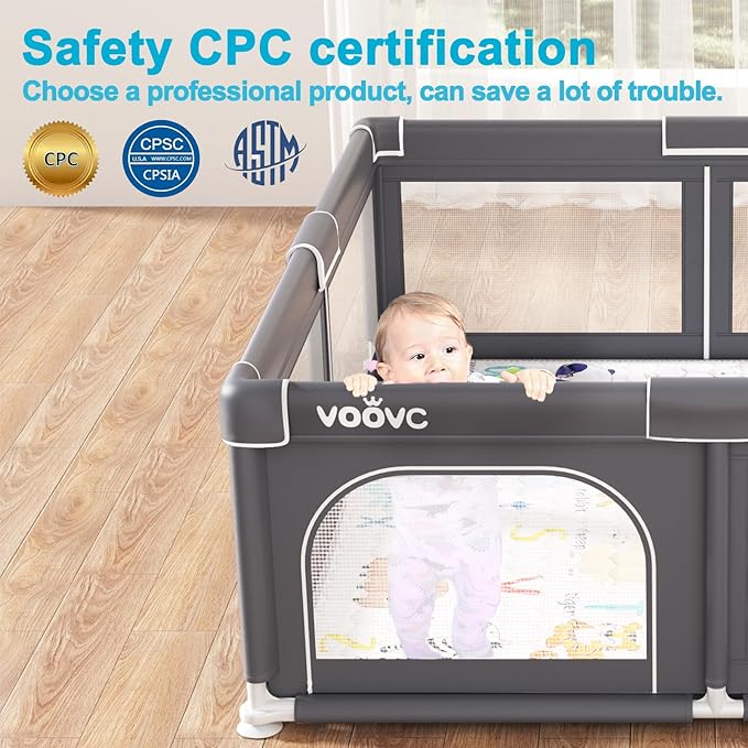 Premium Baby Playpen with Mat, 71x60 Inches Extra Large Play Pen for Babies and Toddlers, Indoor & Outdoor Activity Center, Safety Baby Playpen with Gate Prints (Enamel Gray)