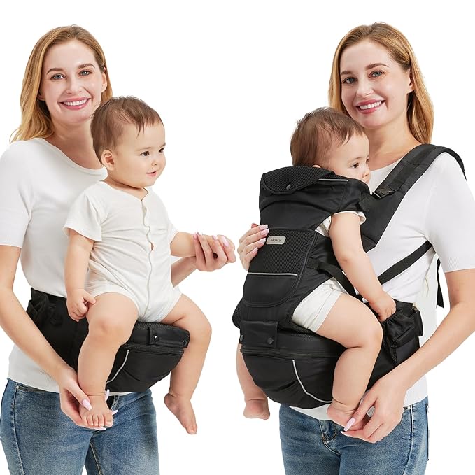 2-in-1 Baby Carrier Hip Seat - Front Back Hip Carry - Ergonomic M Seat Posture - Breathable Mesh - Newborn to Toddler 5-45 lbs (Black)