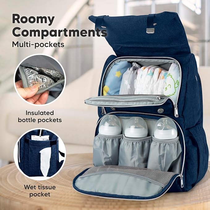 KeaBabies Baby Diaper Bag Backpack, Travel - Large Baby Bag for Mom and Dad, Waterproof, Multi-Function Girl Boy Diaper Backpack with Changing Pad, Durable Travel Essentials (Navy Blue)