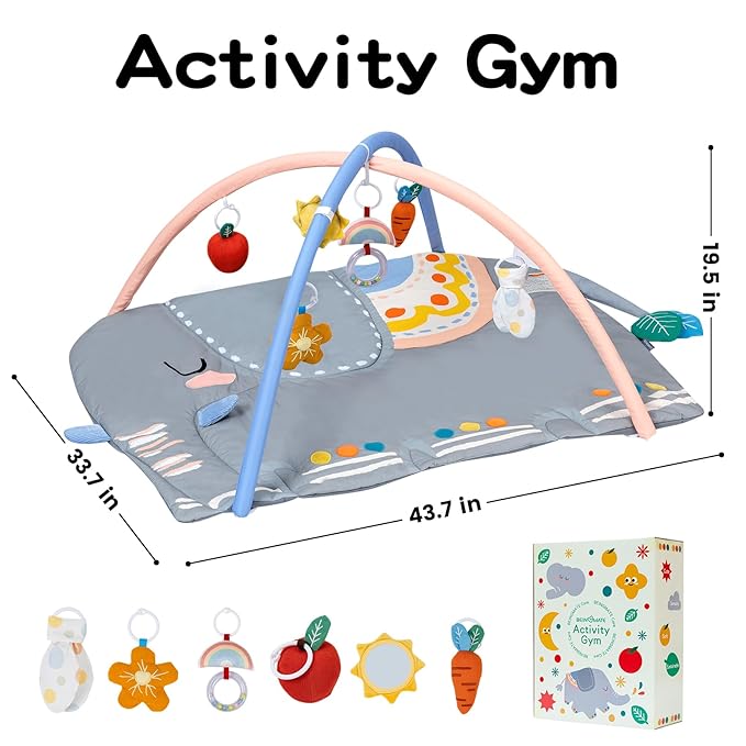 Baby Play Gym & Activity Mat, Oversize Elephant Baby Play Mat w 6 Detachable Toys, Tummy Time Mat Promote Motor Skills & Sensory Development Mat, Newborn Infant Baby Essentials Gift