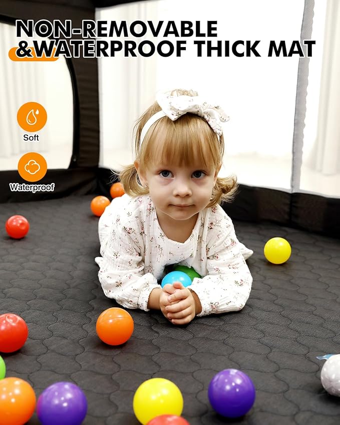 Foldable Baby Playpen with Non-Removable Thick Mat, Extra Large Collapsible Play Yard for Babies & Toddlers, Portable Travel Playpen with Gate, Safe Activity Center (51"×51" Black)