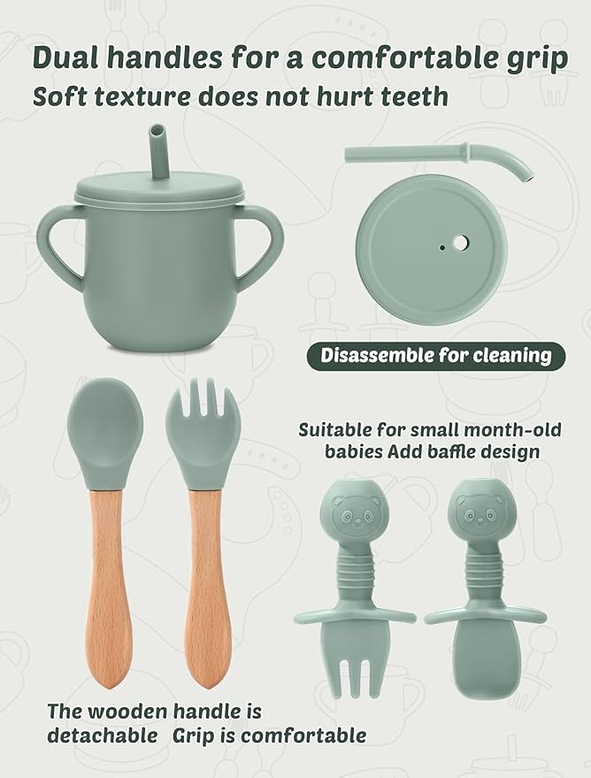 24 PCS Silicone Baby Feeding Set, Baby Led Weaning Supplies Includes Suction Bowls and Divided Plates, Adjustable Silicone Bib, Spoons&forks, Training cup with straw (Green+Blue+Beige)
