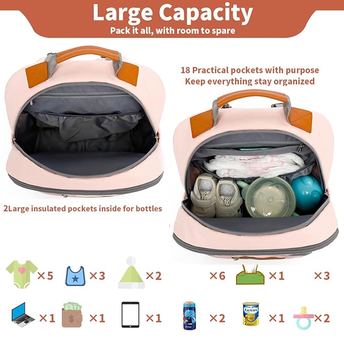 Diaper Bag Backpack, Large Baby Nappy Bags with Portable Changing Pad for Boys and GirlsMultifunction Travel Baby Bag for Moms Dads, Shower Gifts Waterproof and Stylish,Light Powder