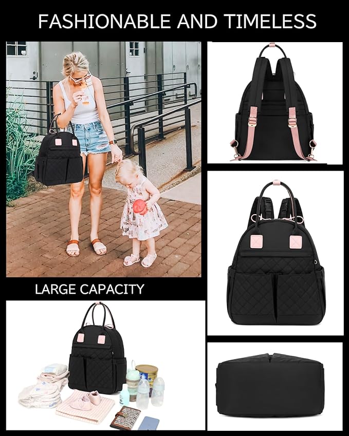 18 Pockets Diaper Bag Backpack with Waterproof Pockets and Stroller Buckle, Convertible Tote Bag (Black-pink, Medium)
