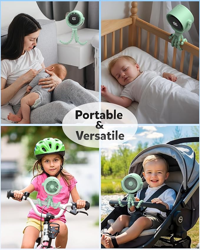 AMACOOL Baby Stroller Fan, Rechargeable Portable Clip on Fan, 17H Cooling with 5 Speeds, LED Display, 360°Rotate Personal Cooling Fans for Car Seat, Crib, Travel, Camping, Gifts for New Parents