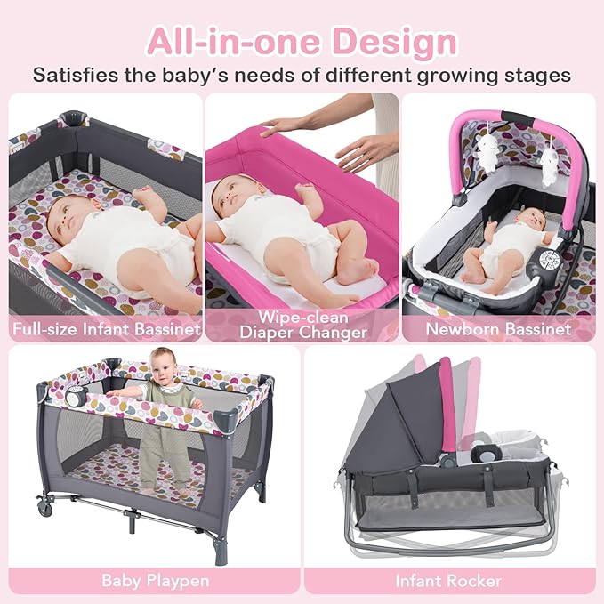 HONEY JOY Pack and Play with Bassinet, Infant Nursery Center Pack and Play w/Newborn Cradle & Hanging Toys, Diaper Storage Bag, Music, Carry Bag, Portable Baby Playard w/Changing Station (Pink)