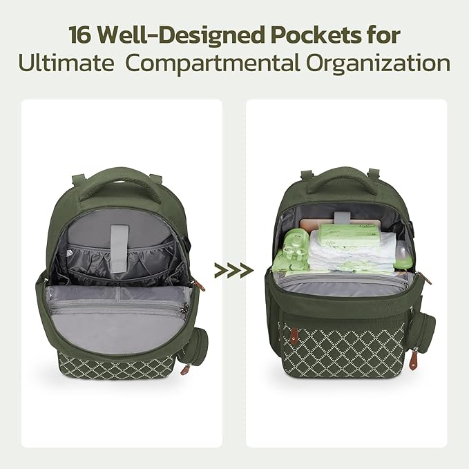 Large Diaper Bag,29L-45L Expandable Diaper Bag Backpack for 2 Kids/Twins Baby Stuff, with Removable Cross Body Bottle Bag for Mom/Dad,Stylish Baby Bag Gift for Boys/Girl-Army Green