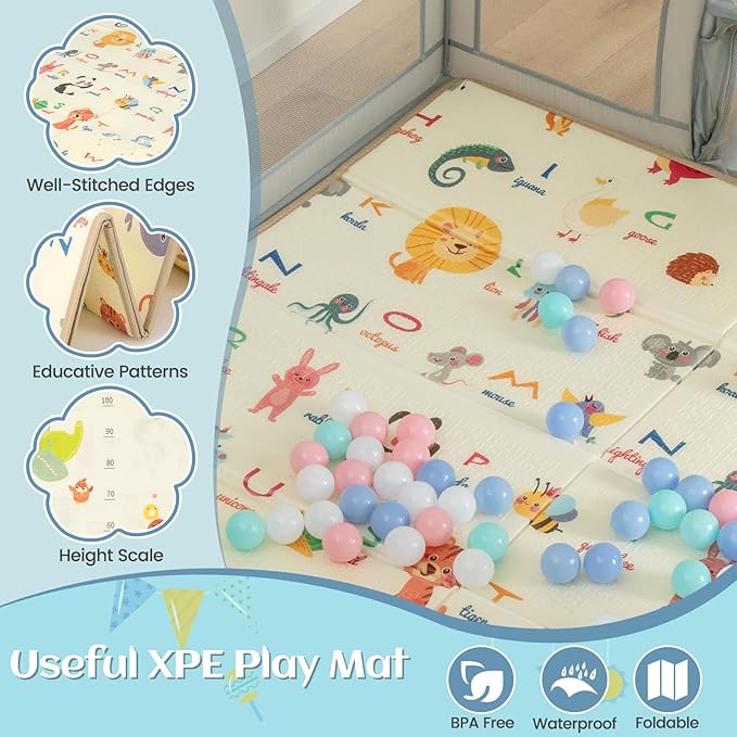 INFANS Baby Playpen, 74” x 62” Extra Large Play Yard for Babies and Toddlers with Crawling Mat Ocean Balls Basketball Hoop 2 Football Gates Indoor Outdoor Activity Center (Light Gray)