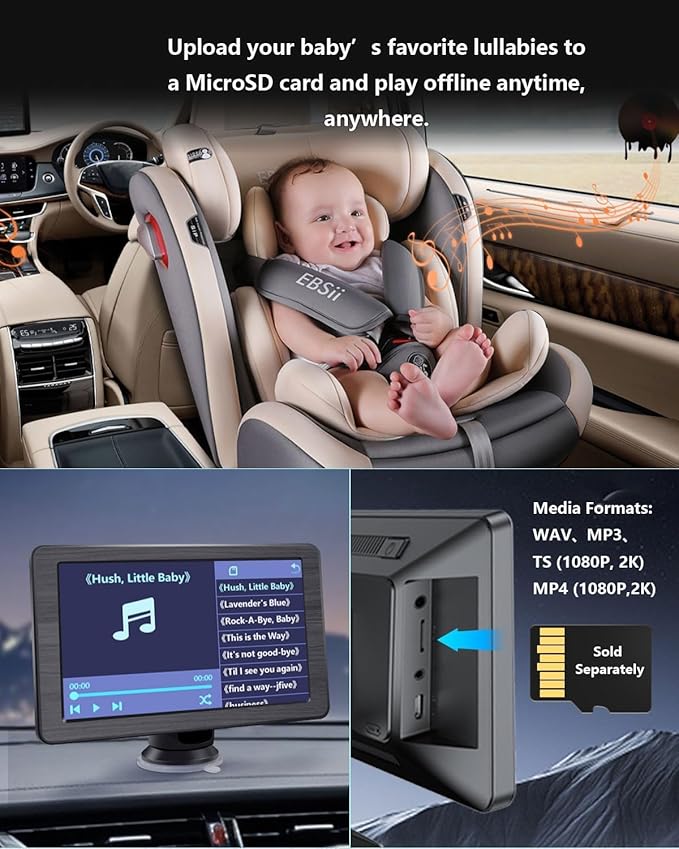 1296p Full HD Baby Car Camera, Car Baby Monitor with 7" Touchscreen, CarPlay, No-Glow Night Vision, 150° Wide Angle, Live Rear Seat View, Easy Installation, Fits Most Cars