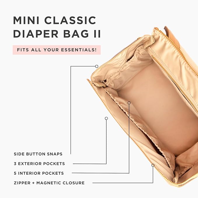 Freshly Picked Mini Classic Diaper Bag Backpack, Wipeable Vegan Leather Diaper Backpack, 8 Pockets (Butterscotch Tan)