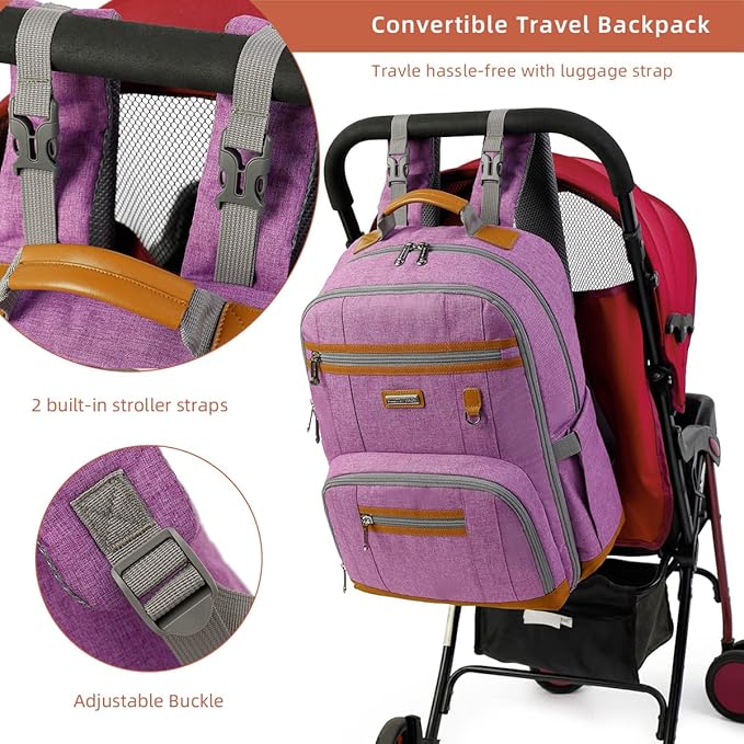 Diaper Bag Backpack, Large Baby Nappy Bags with Portable Changing Pad for Boys and GirlsMultifunction Travel Baby Bag for Moms Dads, Shower Gifts Waterproof and Stylish,Purple