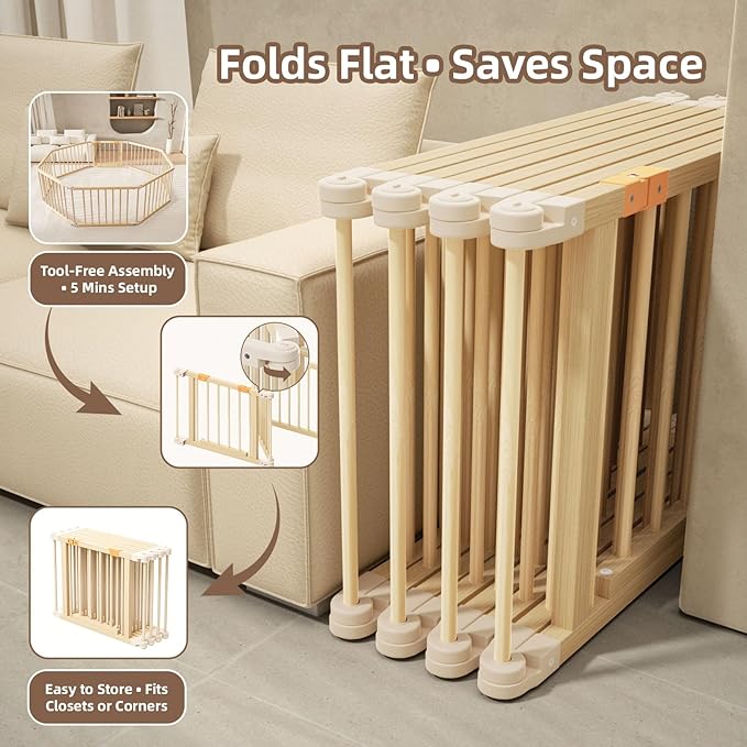 Baby Playpen, Wooden Playpen for Babies and Toddlers, Foldable Play Yard with Gate, 8 Panels Baby Fence, Indoor Play Area, Child Activity Center
