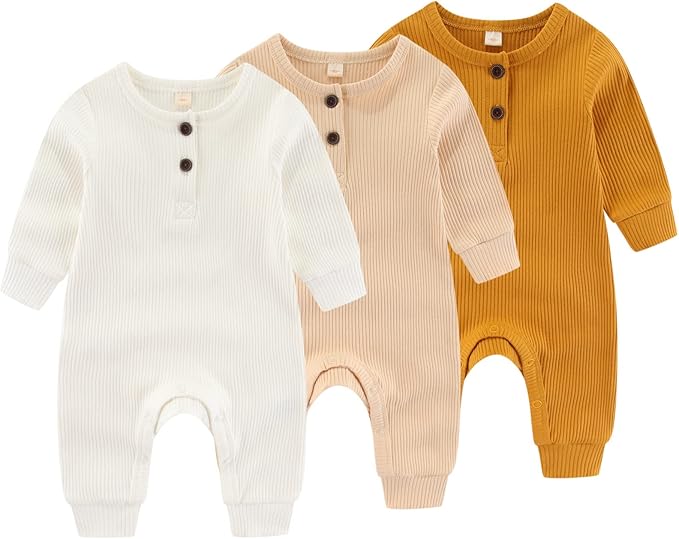 Newborn Baby Boys Girls One Piece Romper With Mitten Cuffs 3 Pack Long Sleeve Ribbed Button Jumpsuit Outfit Clothes