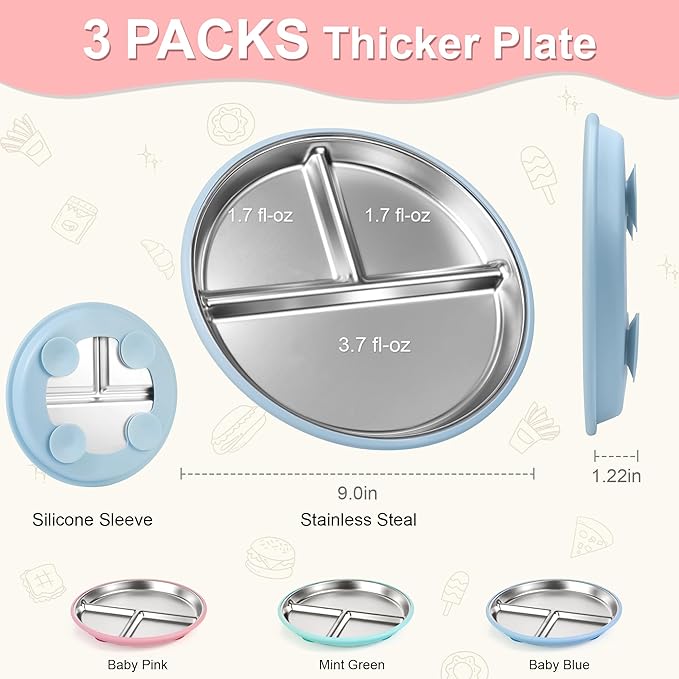 Stainless Steel Toddler Plates Silicone Suction,3 Packs Non-Slip Baby Plates,Divided Portion,Food-Grade Silicone Plate for Kids,LEAD-FREE Dishwasher Safe, Green Blue Pink