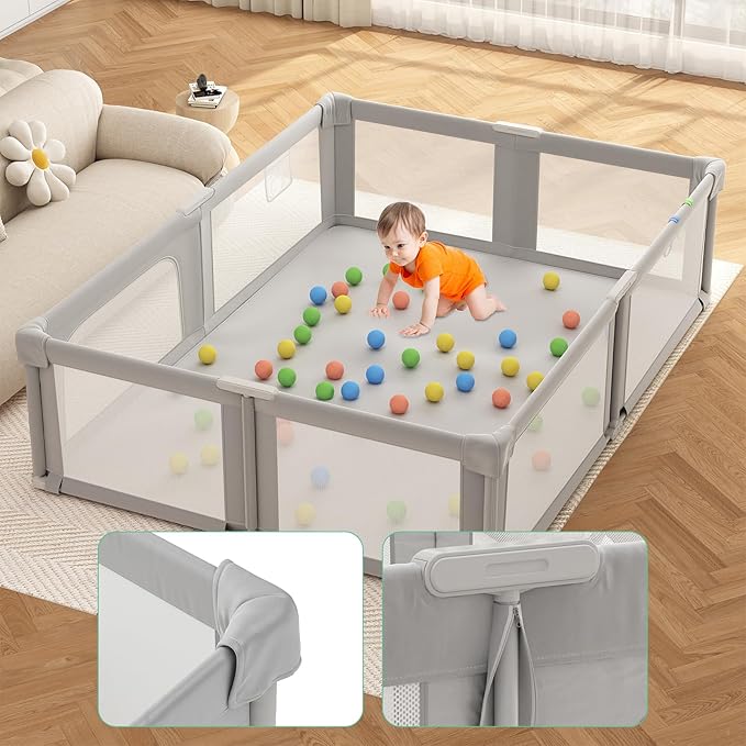 Baby Playpen, 73" x 61" Lareg Foldable Playpen with Mat for Babies and Toddlers, Play Pen with Soft Breathable Mesh, Ocean Balls and Pull Links, Baby Playard for Indoor & Outdoor, Gray