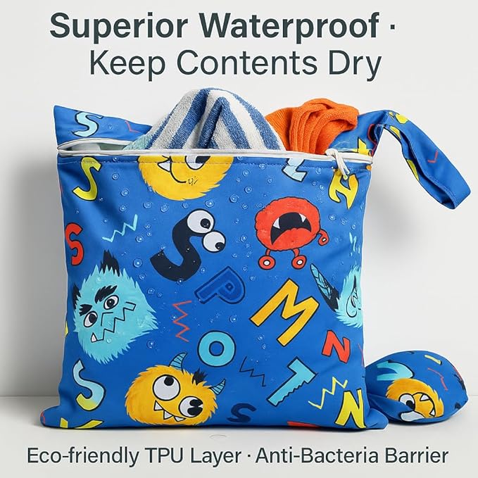 Waterproof Wet Dry Bag, Reusable Diaper Pouch with Zipper, Machine Washable Travel Organizer for Beach, Daycare, Kids, Dinosaur Pattern (Blue Monster)