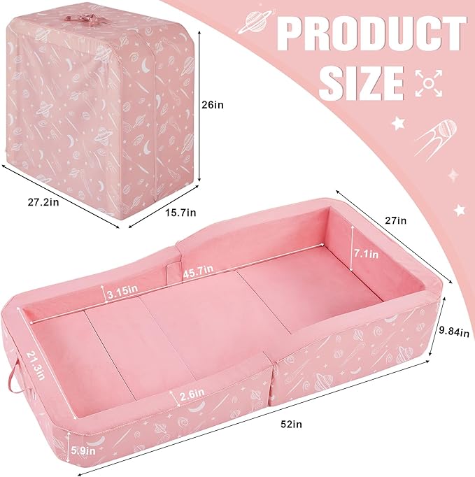 JOYWOO Toddler Floor Bed, Toddler Travel Bed, Foldable Portable Toddlers Beds for Home/Playing/Nap/Hotel, Kids Floor Crib with Washable Cloth Cover, Toddlers Cots for Kids Sleeping, Pink