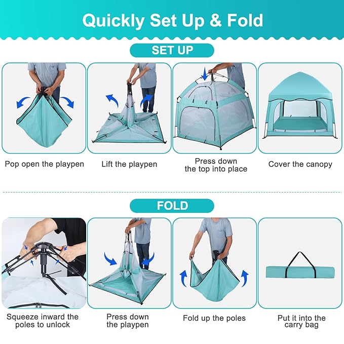Portable Baby Playpen with Canopy, Infant Play Yard, Beach Tent, Mosquito Net for Indoor and Outdoor (Green)