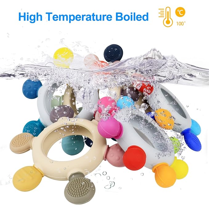 Baby Teething Toys Silicone Teethers BPA Free Silicone Rudder with Wooden Ring Soothe Babies Gums (Ocean)
