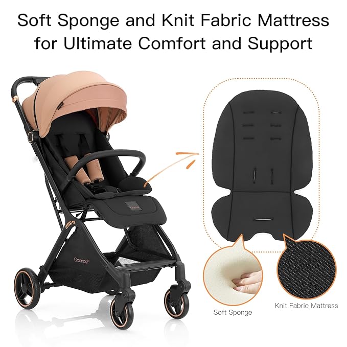Gravity Folding Baby Stroller - Portable Travel Toddler Stroller w/Adjustable Backrest & Canopy, Lightweight and UV Protected, One-Hand Automatic Folding - Khaki