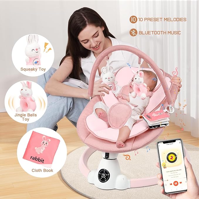 Baby Swing for Infants, Portable Electric Baby Swings with Bluetooth, 5 Swing Speed, 10 Lullabies, 5-Point Harness, Remote Control & Touch Panel - Infant Swing for Indoor & Outdoor Use, Pink