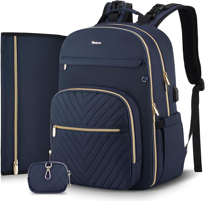 MOMUVO Diaper Bag Backpack, Quilted Baby Bag with Changing Pad & Stroller Straps & Pacifier Case, Large Travel Diaper Bags for Mom Dad, Blue