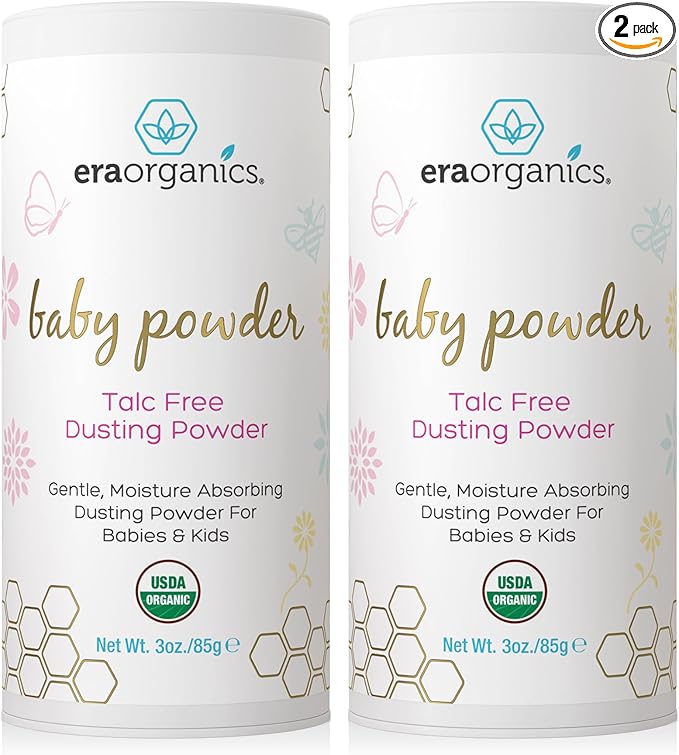 Era Organics Talc-Free Organic Baby Powder - USDA Organic Dusting Powder with Arrowroot, Calendula and Cornstarch for Newborns, Babies or Toddlers - Soothing, Fragrance Free (3 Ounce (Pack of 2))