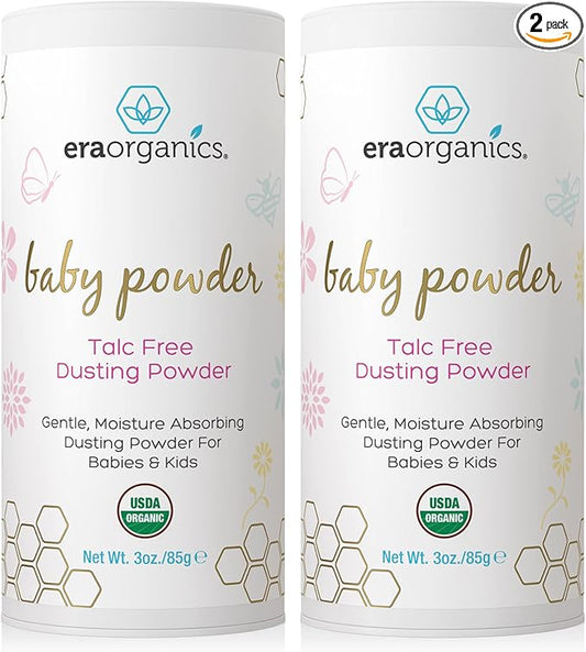 Era Organics Talc-Free Organic Baby Powder - USDA Organic Dusting Powder with Arrowroot, Calendula and Cornstarch for Newborns, Babies or Toddlers - Soothing, Fragrance Free (3 Ounce (Pack of 2))