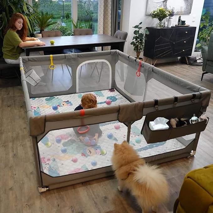 Baby Playpen with Mat 50"*50", Extra Large Playpen for Babies and Toddlers with Storage Bag, BPA-Free, Non-Toxic, Safe No Gaps Playards for Babies, Sturdy Safety Play Yard for Indoor Outdoor Fun, Grey