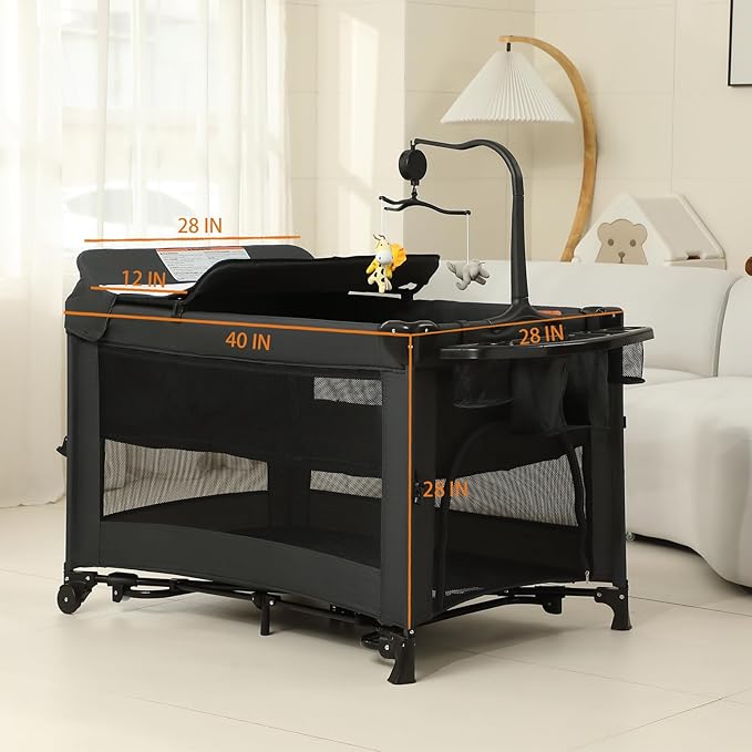 5 in 1 Pack and Play, Baby Bassinet Bedside Sleeper, Baby Playard, Bedside Crib with Changing Table, Foldable Travel Playard for Newborn to Toddles (Black)