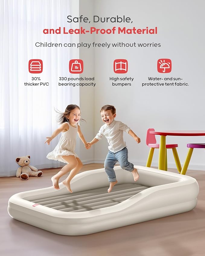 QPAU Inflatable Toddler Travel Bed with Tent, Baby Crib Tent, Portable Kids Air Mattress with Safety Bumpers, Ideal for Home, Grandma's, Camping, Traveling -Includes Fast Electric Pump (Khaki)
