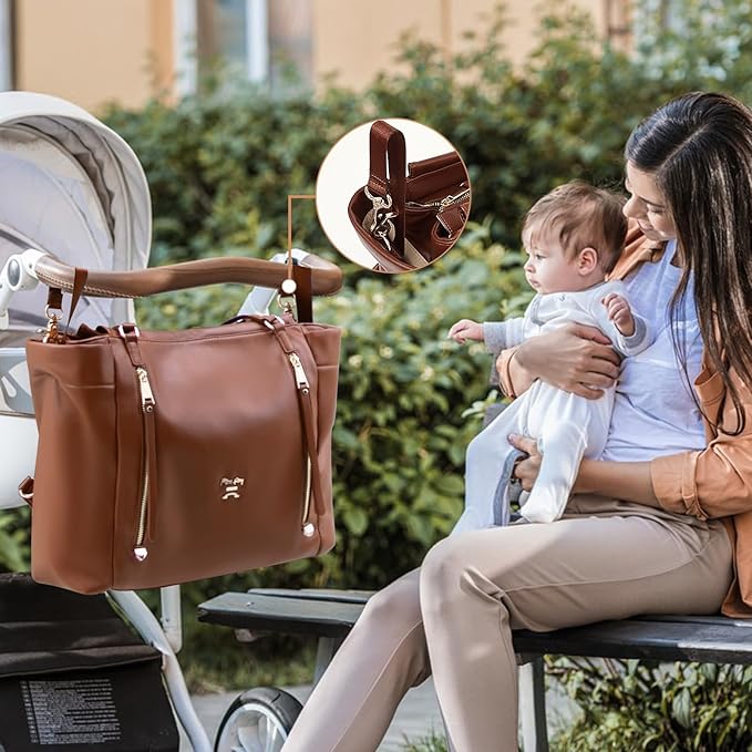 miss fong Diaper Bag Tote Leather Diaper Bag Backpack, Large Capacity Mommy Bag Hospital Bag, 12 Pockets Travel Diaper Tote with Changing Pad,Stroller Straps & Insulated Pockets for Mom & Dad-Brown