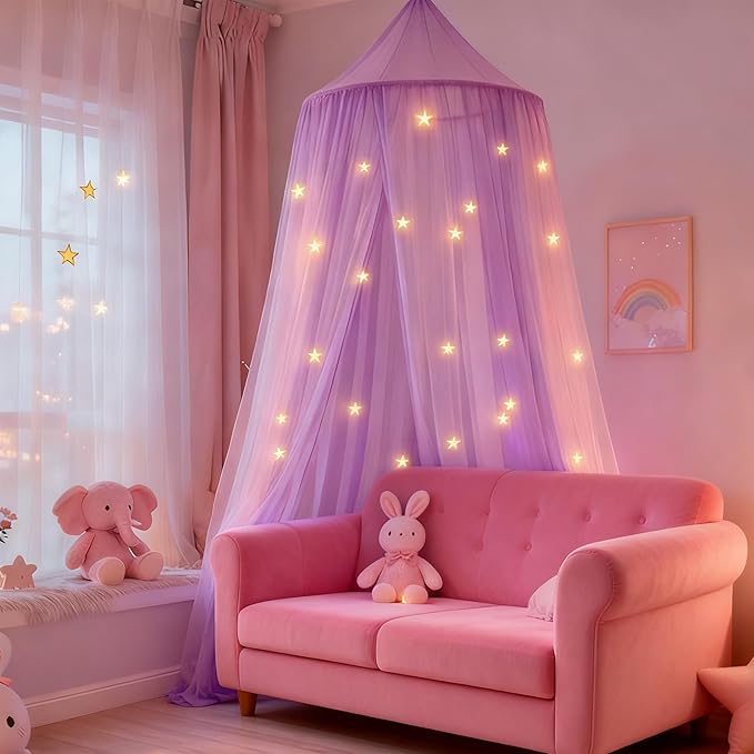 Pink Purple Bed Canopy with Glow in The Dark Stars,X-Large Princess Rainbow Bed Curtains Mosquito Netting for Girls Bedroom,Kids Fairy Dream Play Hanging Canopy Tent for Room