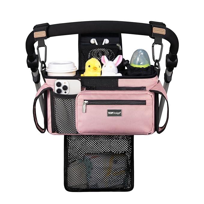 TOPDesign Universal Baby Stroller Organizer, Stroller Caddy with Detachable Mesh Bag & Heightened Insulated Cup Holders & Non-Slip Secure Hooks Accessories, Fits Most Strollers (Pink)