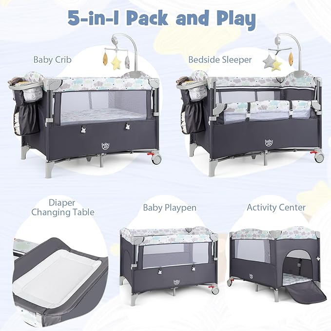 BABY JOY 5-in-1 Pack and Play, Portable Baby Bedside Sleeper with Bassinet, U-Shaped Diaper Changer, Safety Strap, Side Zipper Entrance, Hangings, Bedside Crib Playard from Newborn to Toddlers (Gray)