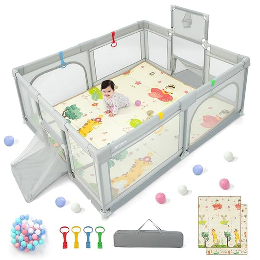 INFANS Baby Playpen, 74” x 62” Extra Large Play Yard for Babies and Toddlers with Crawling Mat Ocean Balls Basketball Hoop 2 Football Gates Indoor Outdoor Activity Center (Light Gray)