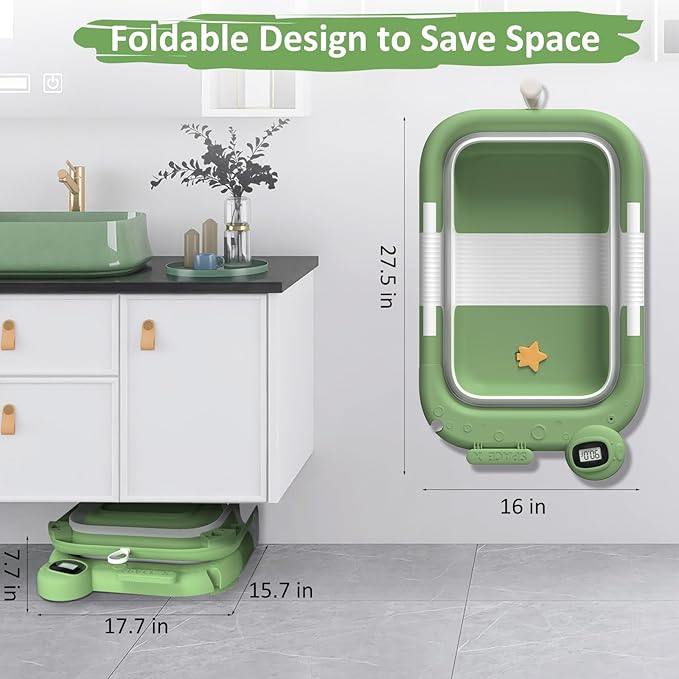 Collapsible Baby Bathtub, Baby Bath Tub for Newborn to Toddler with Floating Cushion for Bath Support, Portable Baby Tub for Infants with Temp Monitor, 0-36 Months Baby Bath Essentials, Green