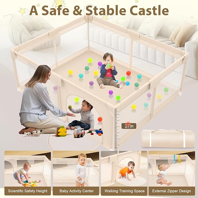 Playpen for Babies and Toddlers 71x59inch - Extra Large Baby Gate Play Pen with Soft Breathable Mesh Cover - Indoor and Outdoor Baby Play Fence - Portable Playpen for Babies (Apricot)