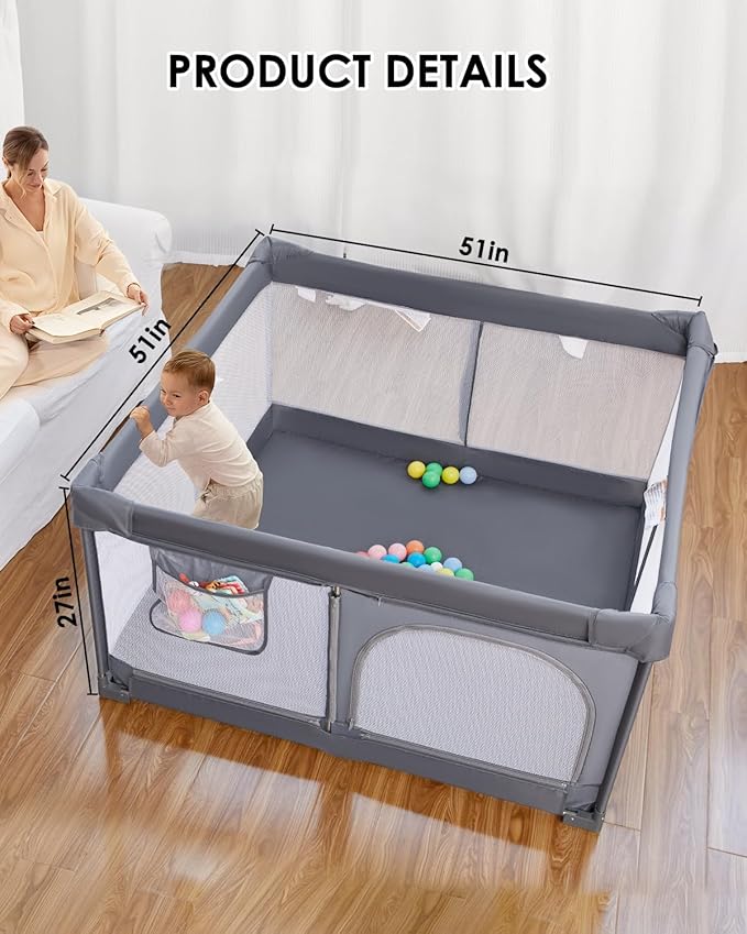 Foldable Baby Playpen with Non-Removable Thick Mat, Extra Large Collapsible Play Yard for Babies & Toddlers, Portable Travel Playpen with Gate, Safe Activity Center (51"×51" Gray)