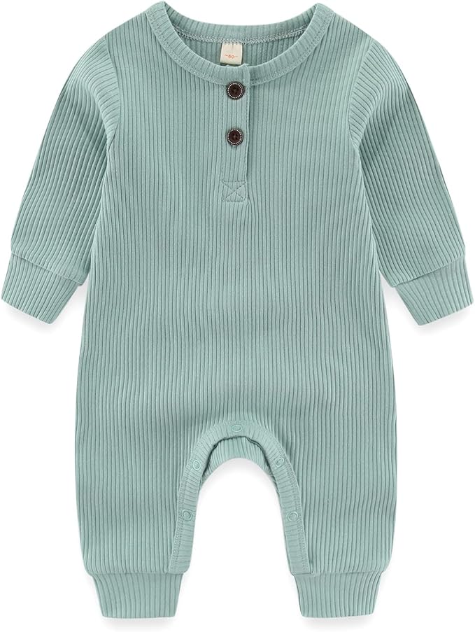 Newborn Baby Boys Girls One Piece Romper With Mitten Cuffs 3 Pack Long Sleeve Ribbed Button Jumpsuit Outfit Clothes