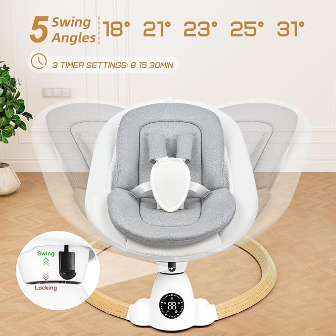 Baby Swing for Infants, Portable Electric Baby Swings with Bluetooth, 5 Swing Speed, 10 Lullabies, 5-Point Harness, Remote Control & Touch Panel - Infant Swing for Indoor & Outdoor Use, Wood Grain