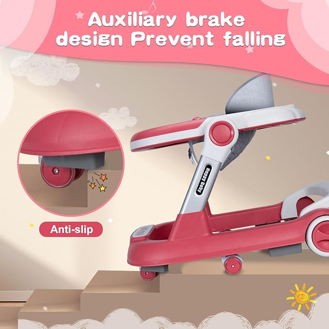 Baby Walker with Wheels 5 in 1 Foldable Activity Center with Mute Wheels Adjustable Heights Anti-Fall Push Walkers for Boys Girls Safe Infant Toddler Walker with Footrest for 6-24 Months