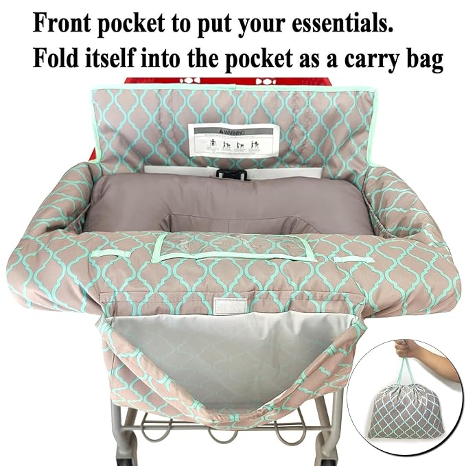 Soft Pillow Attached 2-in-1 Shopping Cart and High Chair Cover for Baby, Cotton Padded Cart Cover, Fold'n Roll Style, Portable with Carry Bag (Gray Grid)