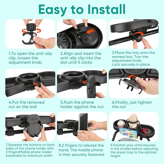 Universal Stroller Snack Tray, 4 in 1 Stroller Tray Attachment with Cups Phone Holder for Baby Toddler Stroller, 360° Rotation Universal Stroller Tray Compatible with Uppababy, Baby Jogger, etc
