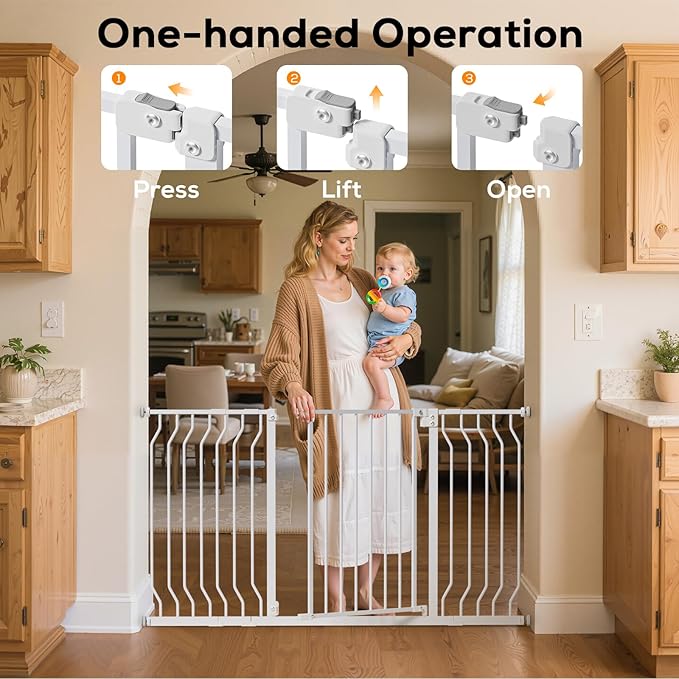 Baby Gate for Stairs, Baby Safety Essentials, Auto Close Gate for Doorways, Easy Install Pressure Mounted Dog Gate Indoor, Pet Gates for Dogs, White