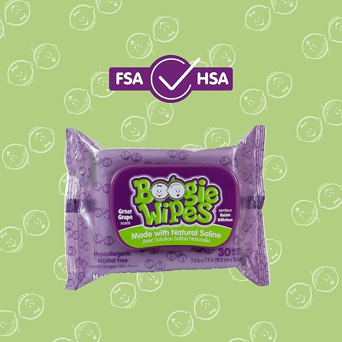 Saline Nose Wipes by Boogie, for Baby & Kids, Face, Hand & Body, Made with Vitamin E, Aloe, and Natural Saline, Grape Scent, 30 Count (Pack of 3)
