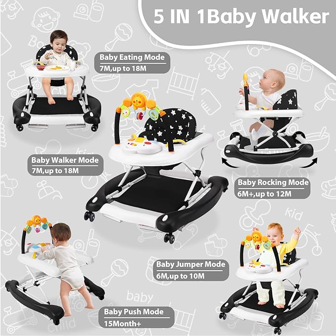 Baby Walker, 5 in 1 Baby Walkers for Boys Girls 6-12 Months, Foldable Walkers for Babies with Bouncer & Feeding Tray, Music, Adjustable Heights, Activity Walker for Infant