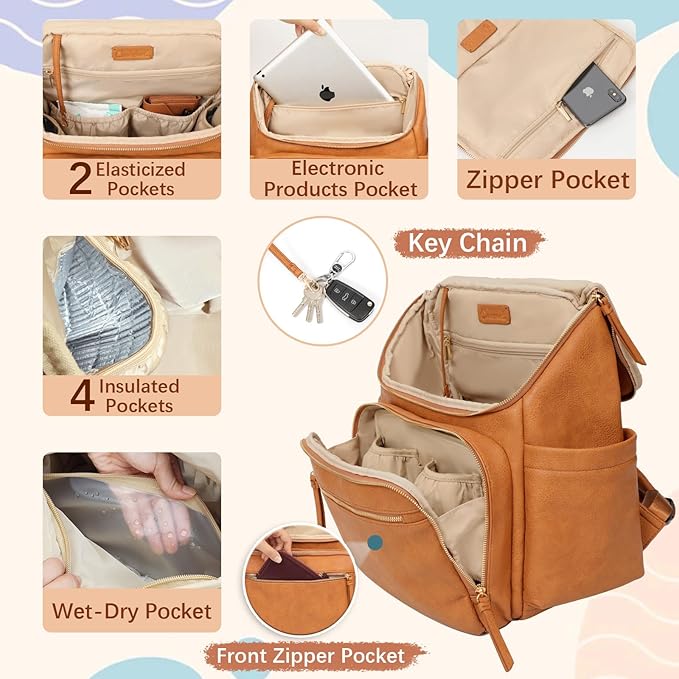 Diaper Bag Backpack Large Baby Diaper Bag Leather with 17 Diaper Bag Organizing Pouches,Changing Pad,Stroller Straps,4 Insulated Pockets,Honey