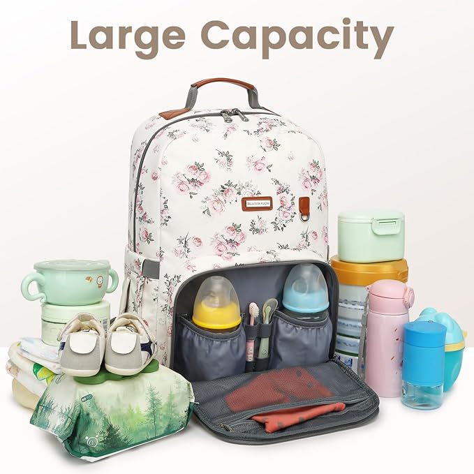 Diaper Bag Backpack, Large Baby Nappy Bags with Portable Changing Pad for Boys and GirlsMultifunction Travel Baby Bag for Moms Dads, Shower Gifts Waterproof and Stylish,Flower Beige