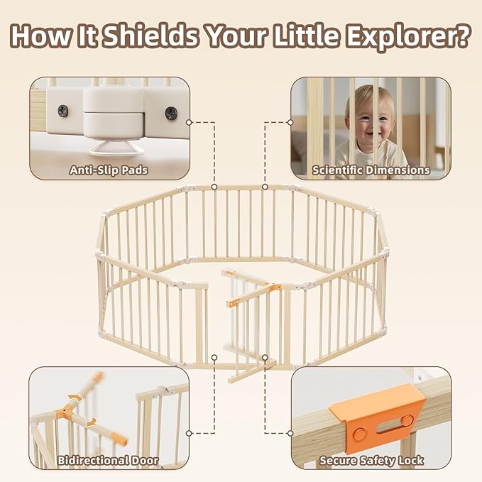 Baby Playpen, Wooden Playpen for Babies and Toddlers, Foldable Play Yard with Gate, 8 Panels Baby Fence, Indoor Play Area, Child Activity Center